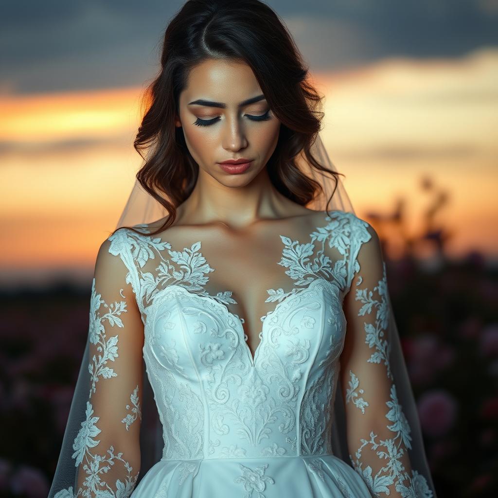 A sad brunette bride with her eyes closed, embodying a sense of longing and wistfulness