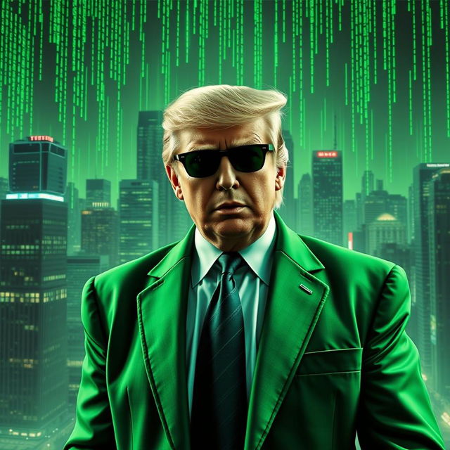 A dynamic and surreal digital artwork depicting Donald Trump dressed in a vibrant green suit inspired by the Matrix movie aesthetic