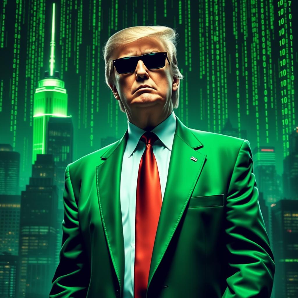 A dynamic and surreal digital artwork depicting Donald Trump dressed in a vibrant green suit inspired by the Matrix movie aesthetic