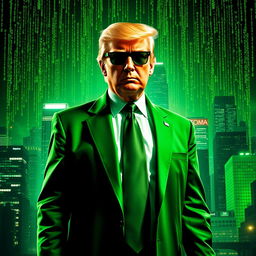 A dynamic and surreal digital artwork depicting Donald Trump dressed in a vibrant green suit inspired by the Matrix movie aesthetic