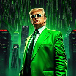 A dynamic and surreal digital artwork depicting Donald Trump dressed in a vibrant green suit inspired by the Matrix movie aesthetic