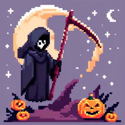 Pixel art PFP of a Halloween scene featuring a grim reaper holding a scythe against a full moon in a starry night sky.