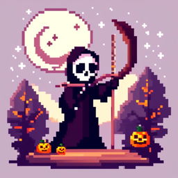 Pixel art PFP of a Halloween scene featuring a grim reaper holding a scythe against a full moon in a starry night sky.