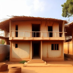 A simple, 47 feet by 30 feet village house with 6 rooms, a latrine bathroom, staircase, and kitchen. The house should not have modern design aesthetics.