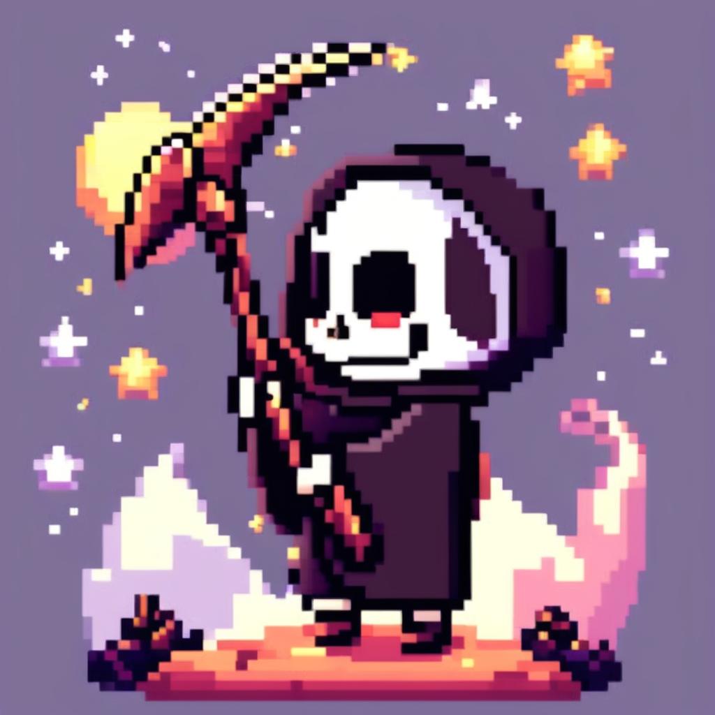 Pixel art PFP of a cute grim reaper holding a small scythe against a starry night sky.