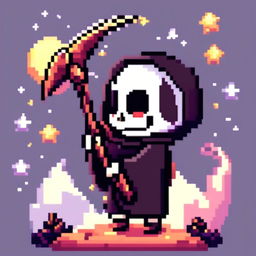 Pixel art PFP of a cute grim reaper holding a small scythe against a starry night sky.