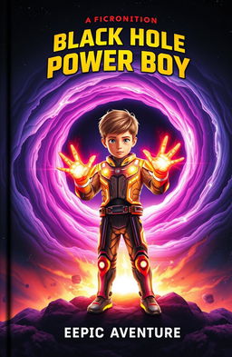 A captivating book cover for a sci-fi adventure titled "Black Hole Power Boy", featuring a young boy with vibrant, glowing energy emanating from his hands, standing in front of a swirling black hole that radiates cosmic colors like purple, blue, and orange