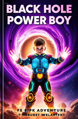 A captivating book cover for a sci-fi adventure titled "Black Hole Power Boy", featuring a young boy with vibrant, glowing energy emanating from his hands, standing in front of a swirling black hole that radiates cosmic colors like purple, blue, and orange