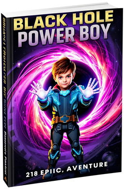 A captivating book cover for a sci-fi adventure titled "Black Hole Power Boy", featuring a young boy with vibrant, glowing energy emanating from his hands, standing in front of a swirling black hole that radiates cosmic colors like purple, blue, and orange