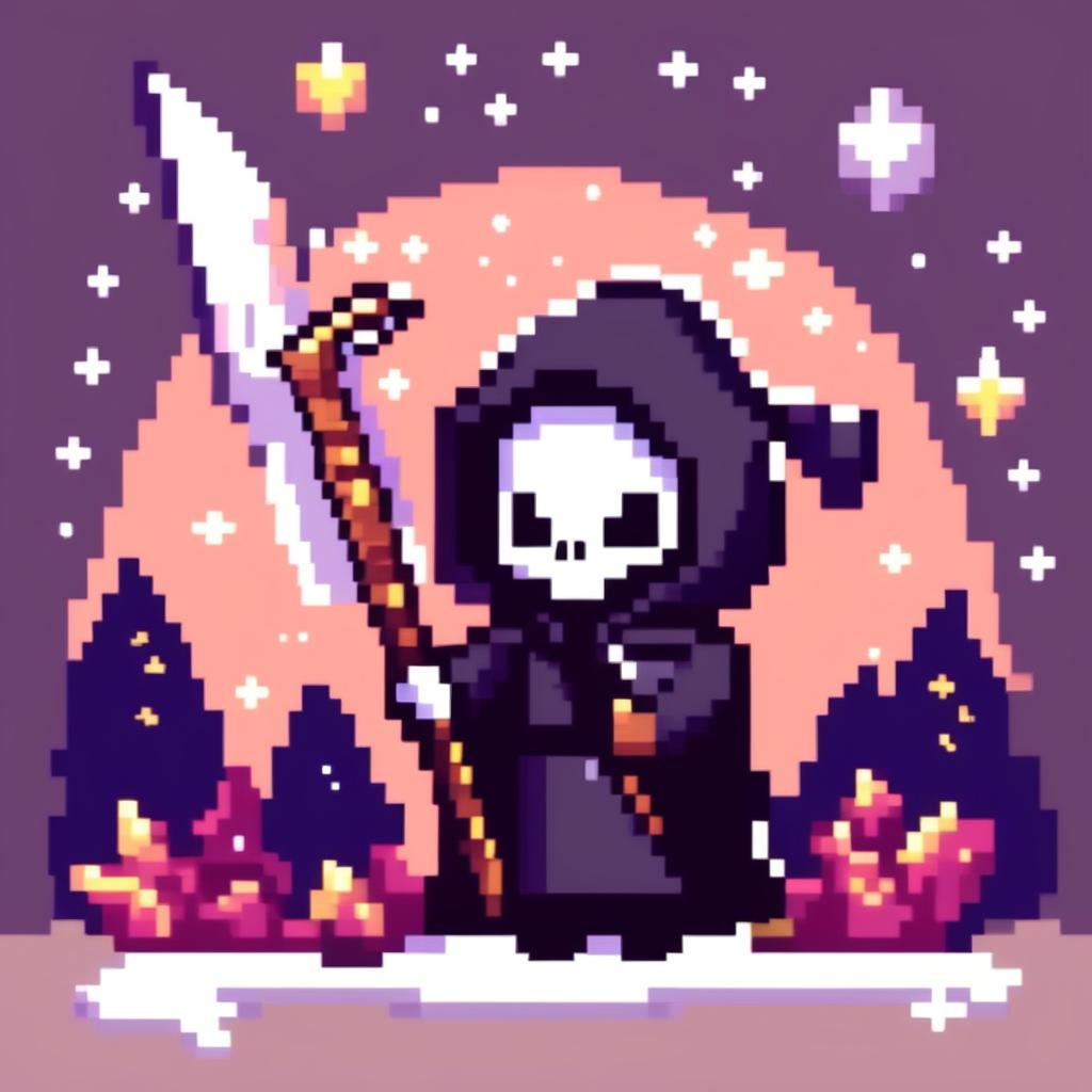 Pixel art PFP of a cute grim reaper holding a small scythe against a starry night sky.