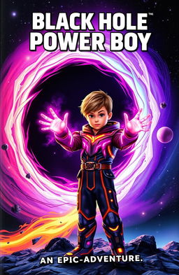 A captivating book cover for a sci-fi adventure titled "Black Hole Power Boy", featuring a young boy with vibrant, glowing energy emanating from his hands, standing in front of a swirling black hole that radiates cosmic colors like purple, blue, and orange