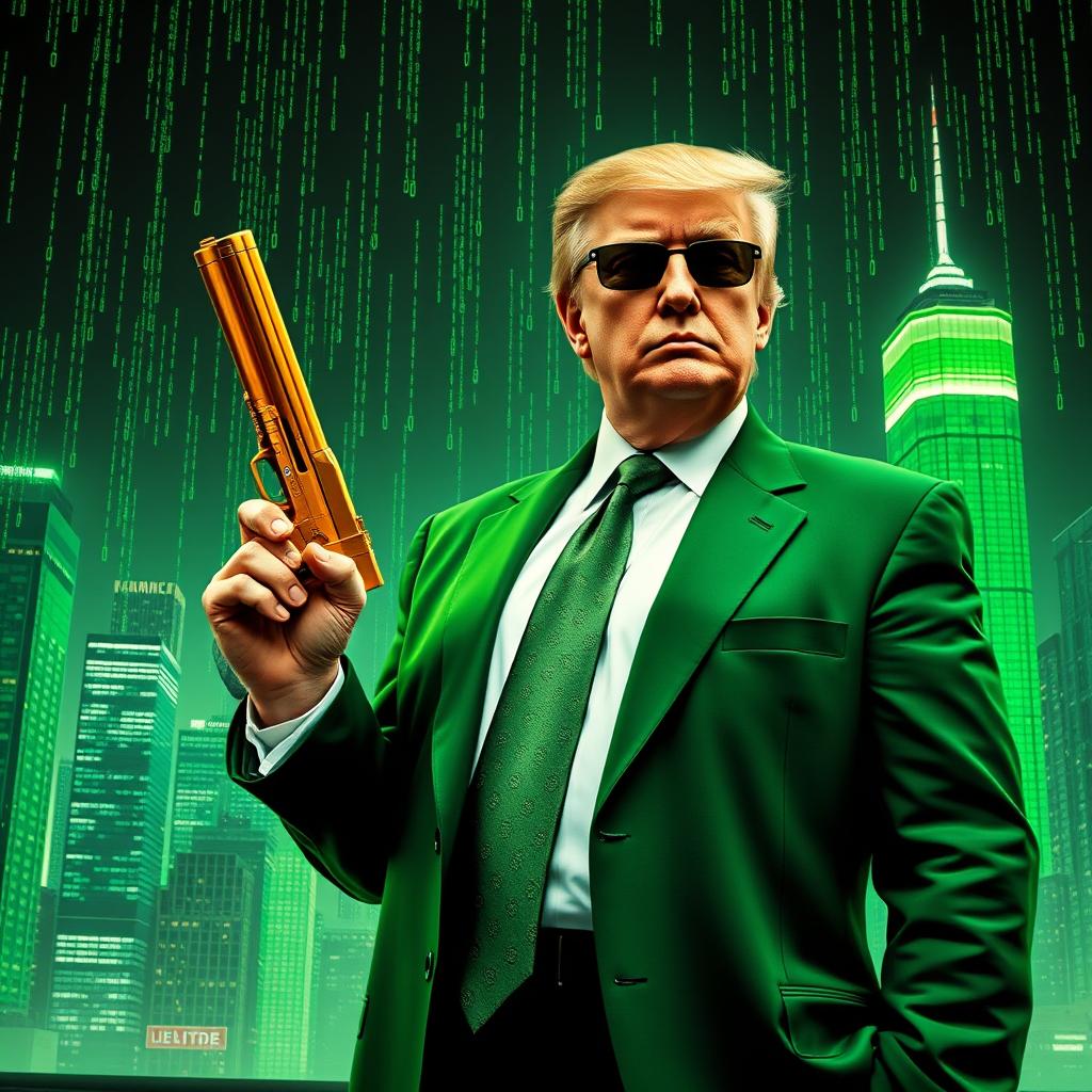 A dynamic and surreal digital artwork depicting Donald Trump wearing a striking green suit styled after the Matrix aesthetic, holding a gleaming gold gun