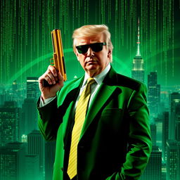 A dynamic and surreal digital artwork depicting Donald Trump wearing a striking green suit styled after the Matrix aesthetic, holding a gleaming gold gun