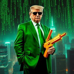 A dynamic and surreal digital artwork depicting Donald Trump wearing a striking green suit styled after the Matrix aesthetic, holding a gleaming gold gun