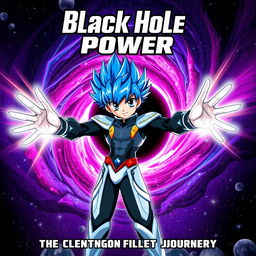 An eye-catching anime-style book cover for a sci-fi fantasy titled "Black Hole Power", featuring a heroic anime character with spiky blue hair and bright, expressive eyes, standing boldly in front of a massive black hole that swirls with colors like deep purple, electric blue, and vivid pink