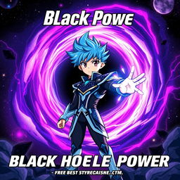 An eye-catching anime-style book cover for a sci-fi fantasy titled "Black Hole Power", featuring a heroic anime character with spiky blue hair and bright, expressive eyes, standing boldly in front of a massive black hole that swirls with colors like deep purple, electric blue, and vivid pink