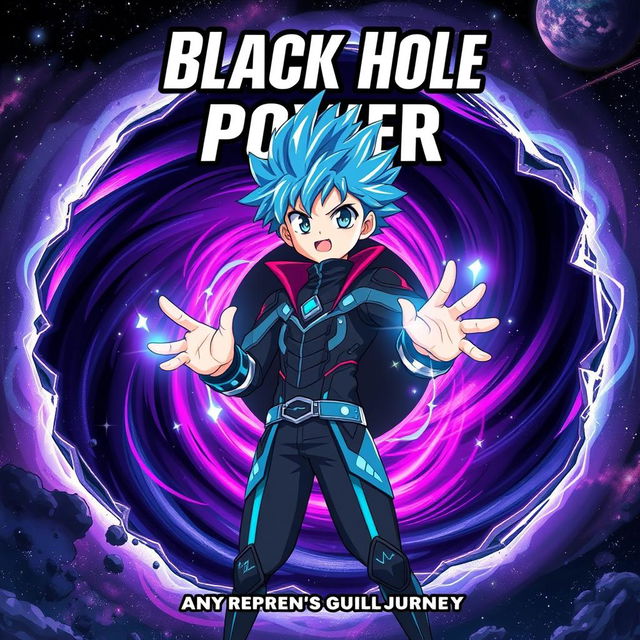 An eye-catching anime-style book cover for a sci-fi fantasy titled "Black Hole Power", featuring a heroic anime character with spiky blue hair and bright, expressive eyes, standing boldly in front of a massive black hole that swirls with colors like deep purple, electric blue, and vivid pink