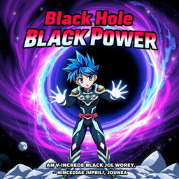 An eye-catching anime-style book cover for a sci-fi fantasy titled "Black Hole Power", featuring a heroic anime character with spiky blue hair and bright, expressive eyes, standing boldly in front of a massive black hole that swirls with colors like deep purple, electric blue, and vivid pink