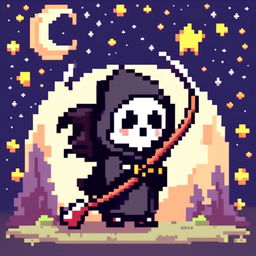 Pixel art PFP of a cute grim reaper holding a small scythe against a starry night sky.