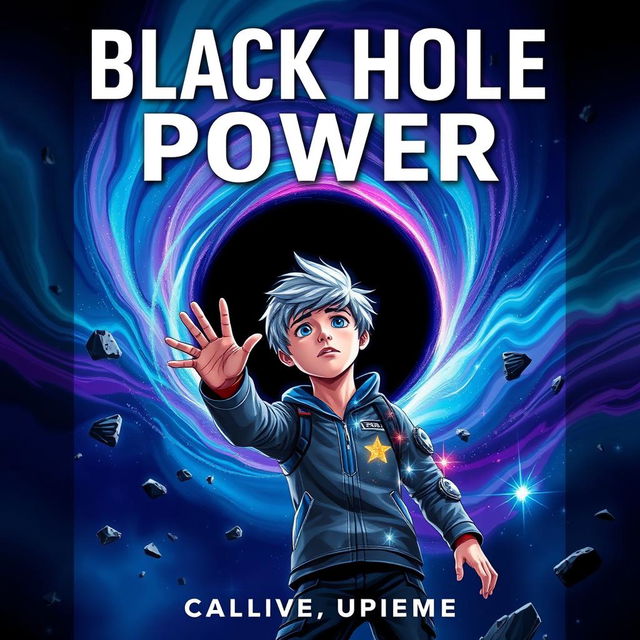 An engaging book cover for a thrilling sci-fi novel titled "Black Hole Power", showcasing a mysterious black hole at the center with swirling colors of dark blue, purple, and hints of bright green