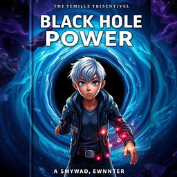 An engaging book cover for a thrilling sci-fi novel titled "Black Hole Power", showcasing a mysterious black hole at the center with swirling colors of dark blue, purple, and hints of bright green