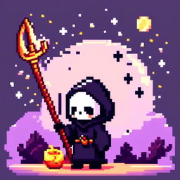 Pixel art PFP of a cute grim reaper holding a small scythe against a starry night sky.