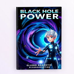 An engaging book cover for a thrilling sci-fi novel titled "Black Hole Power", showcasing a mysterious black hole at the center with swirling colors of dark blue, purple, and hints of bright green