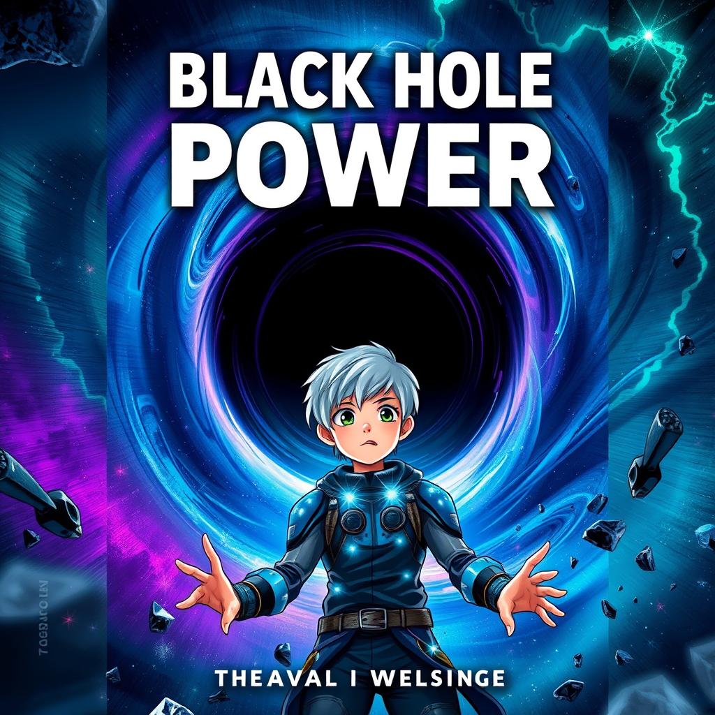 An engaging book cover for a thrilling sci-fi novel titled "Black Hole Power", showcasing a mysterious black hole at the center with swirling colors of dark blue, purple, and hints of bright green