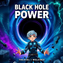 An engaging book cover for a thrilling sci-fi novel titled "Black Hole Power", showcasing a mysterious black hole at the center with swirling colors of dark blue, purple, and hints of bright green