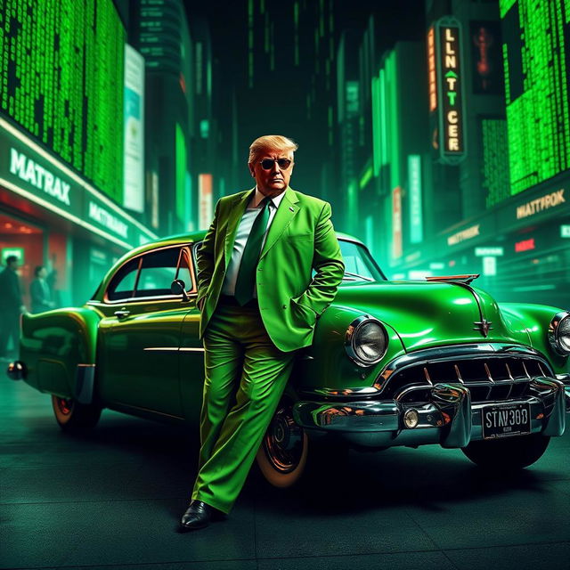 A striking and surreal digital artwork featuring Donald Trump dressed in a vibrant green suit inspired by the Matrix aesthetic, leaning against a classic car