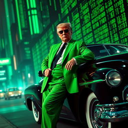 A striking and surreal digital artwork featuring Donald Trump dressed in a vibrant green suit inspired by the Matrix aesthetic, leaning against a classic car