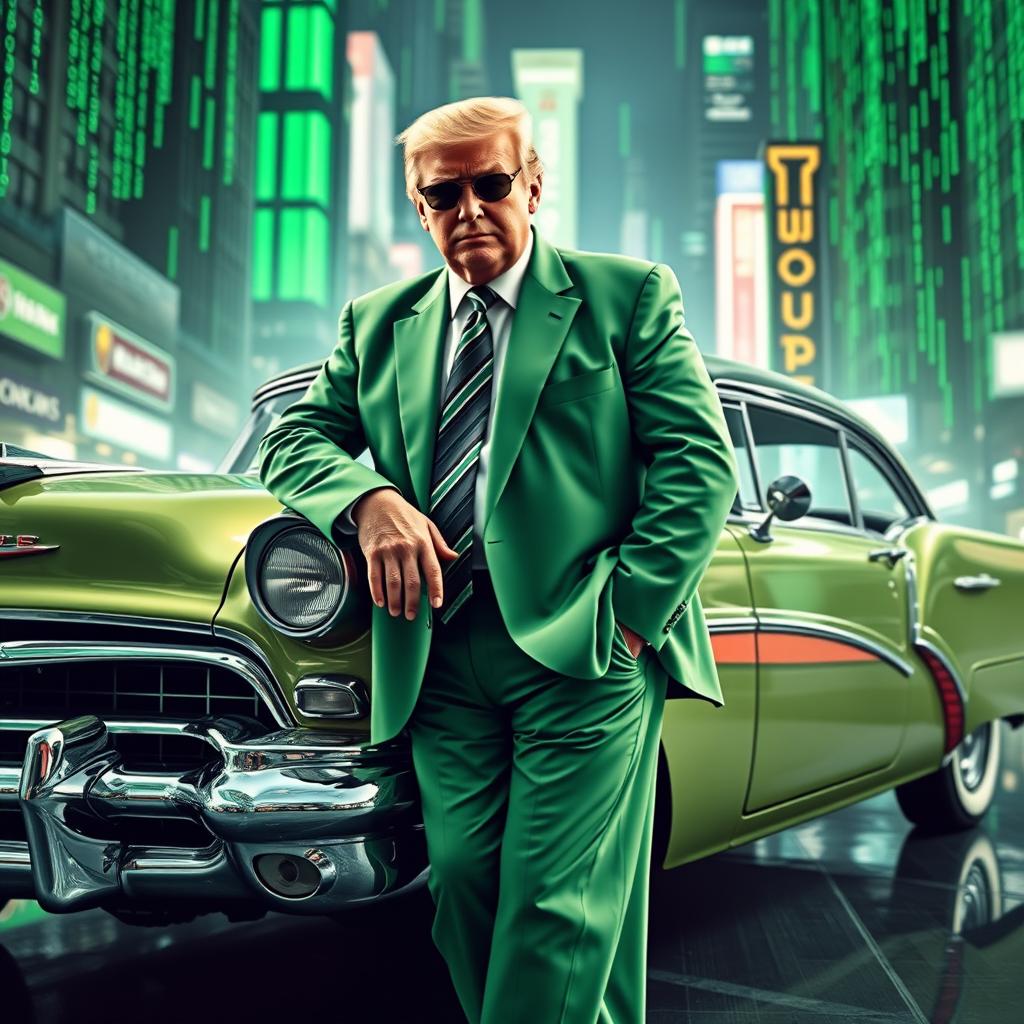 A striking and surreal digital artwork featuring Donald Trump dressed in a vibrant green suit inspired by the Matrix aesthetic, leaning against a classic car