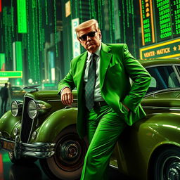A striking and surreal digital artwork featuring Donald Trump dressed in a vibrant green suit inspired by the Matrix aesthetic, leaning against a classic car