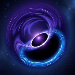A stunning illustration of a black hole in space, showcasing a swirling vortex of dark purple and blue with glowing rings of light around its event horizon