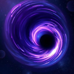 A stunning illustration of a black hole in space, showcasing a swirling vortex of dark purple and blue with glowing rings of light around its event horizon