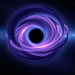 A stunning illustration of a black hole in space, showcasing a swirling vortex of dark purple and blue with glowing rings of light around its event horizon