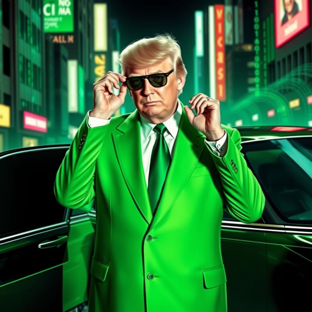 A captivating digital artwork featuring Donald Trump dressed in a striking green suit inspired by the Matrix aesthetic, standing next to a luxurious limousine