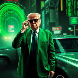 A captivating digital artwork featuring Donald Trump dressed in a striking green suit inspired by the Matrix aesthetic, standing next to a luxurious limousine