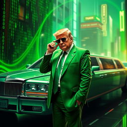A captivating digital artwork featuring Donald Trump dressed in a striking green suit inspired by the Matrix aesthetic, standing next to a luxurious limousine