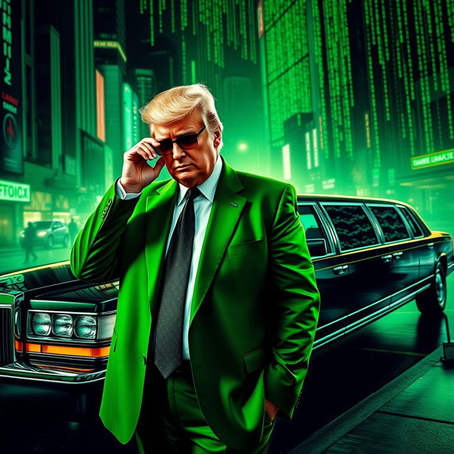 A captivating digital artwork featuring Donald Trump dressed in a striking green suit inspired by the Matrix aesthetic, standing next to a luxurious limousine