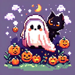 Pixel art PFP featuring a cute ghost, a small pumpkin, and a black cat against a starry night sky.