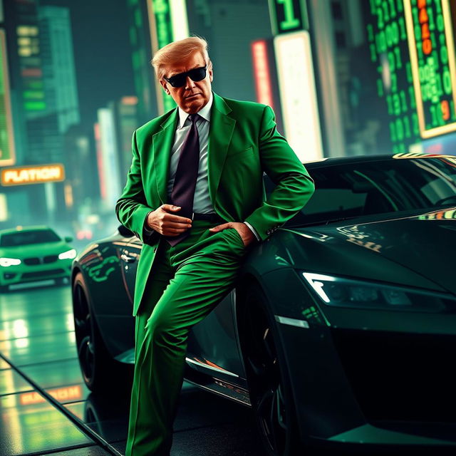 An eye-catching digital artwork featuring Donald Trump in a vivid green suit inspired by the Matrix aesthetic, standing next to a stylish car