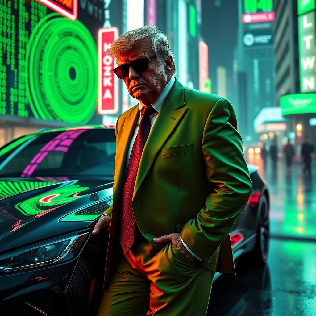 An eye-catching digital artwork featuring Donald Trump in a vivid green suit inspired by the Matrix aesthetic, standing next to a stylish car