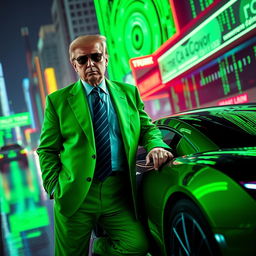 An eye-catching digital artwork featuring Donald Trump in a vivid green suit inspired by the Matrix aesthetic, standing next to a stylish car