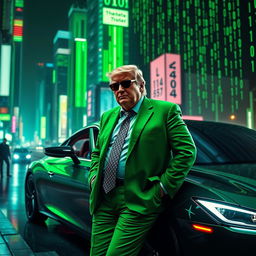 An eye-catching digital artwork featuring Donald Trump in a vivid green suit inspired by the Matrix aesthetic, standing next to a stylish car