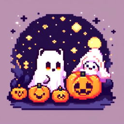 Pixel art PFP featuring a cute ghost, a small pumpkin, and a black cat against a starry night sky.