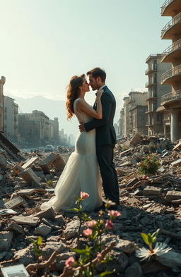 A poignant scene depicting two lovers, Daniel and Sara, caught in a passionate embrace amidst the ruins of a devastated city after a natural disaster