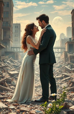 A poignant scene depicting two lovers, Daniel and Sara, caught in a passionate embrace amidst the ruins of a devastated city after a natural disaster