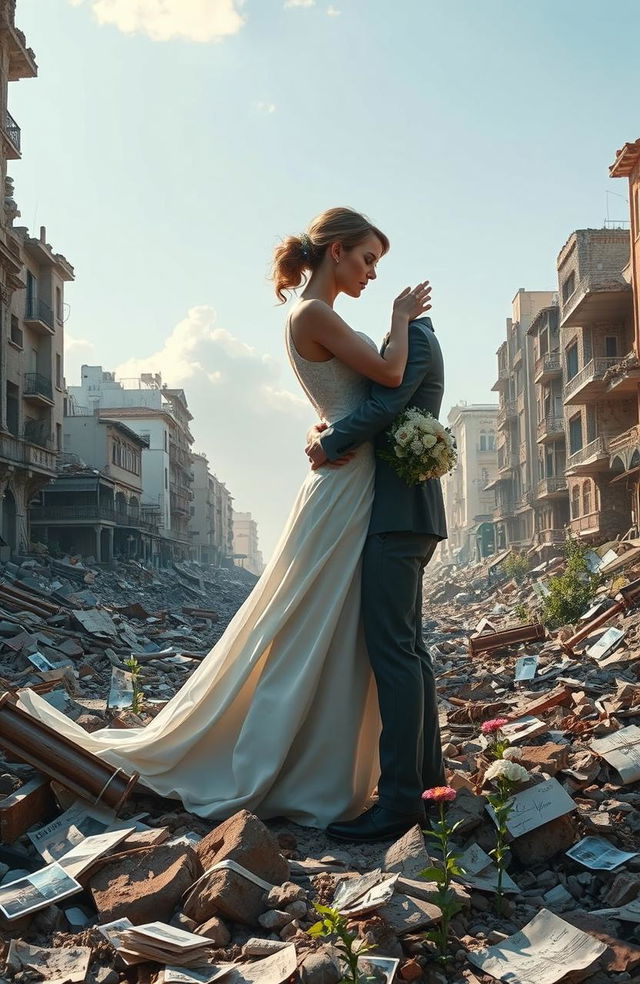 A poignant scene depicting two lovers, Daniel and Sara, caught in a passionate embrace amidst the ruins of a devastated city after a natural disaster