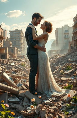 A poignant scene depicting two lovers, Daniel and Sara, caught in a passionate embrace amidst the ruins of a devastated city after a natural disaster